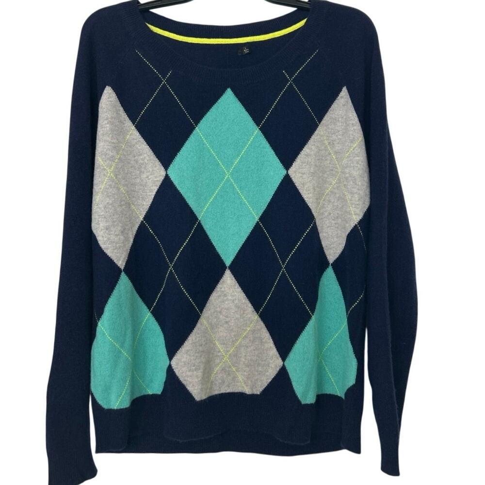 Apt 9 100% Cashmere Argyle Sweater Navy Teal Gray Preppy Crewneck L Academia